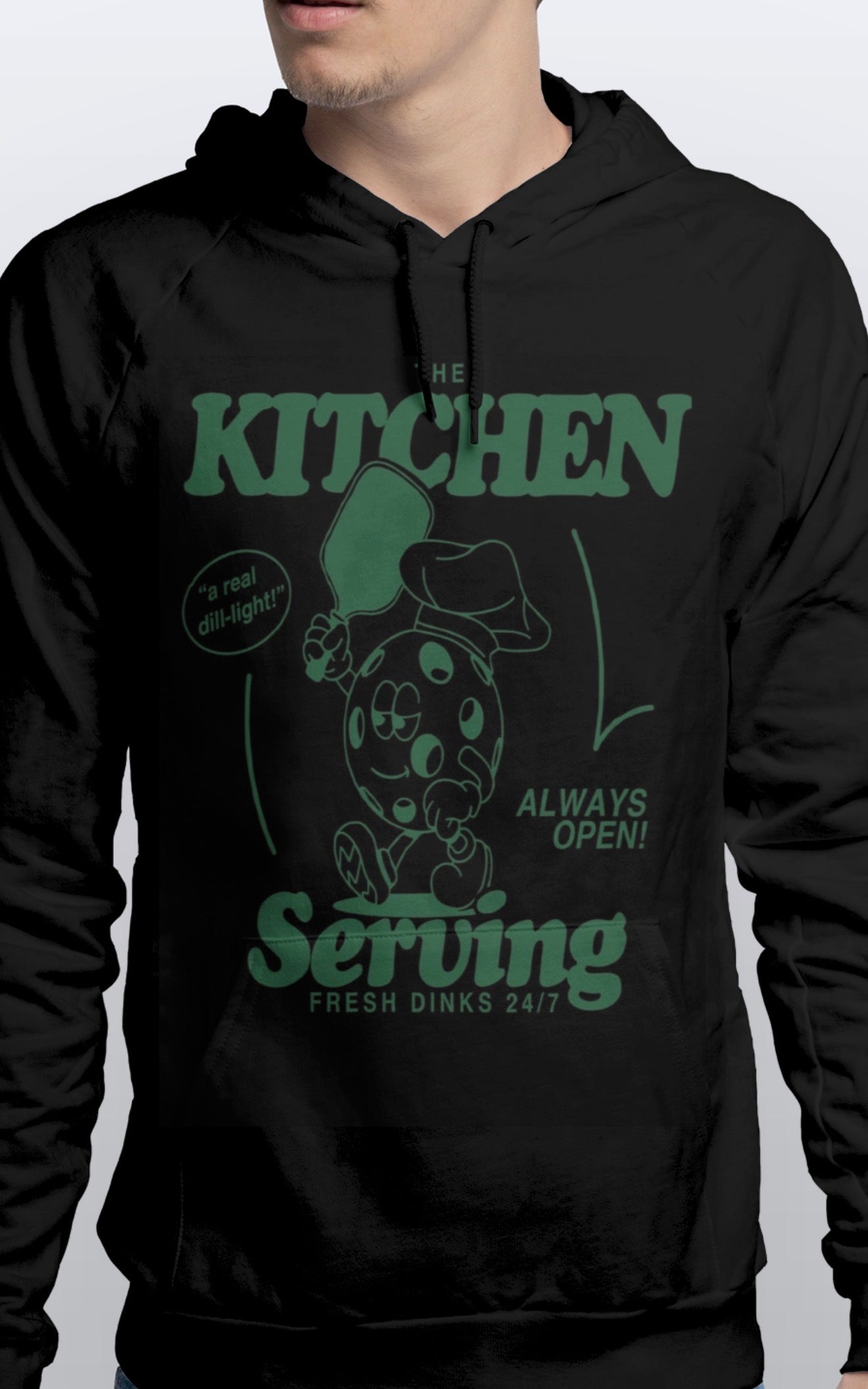 The Kitchen serving Dinks 24/7 warm Pullover Pickleball HOODIE unisex Sizes S-3XL
